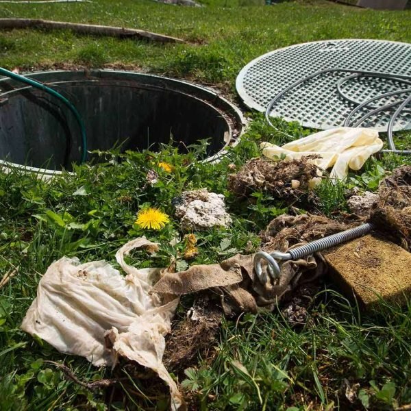 Unclogging septic system. Cleaning and unblocking drain full of disposable wipes and other non biodegradable items.